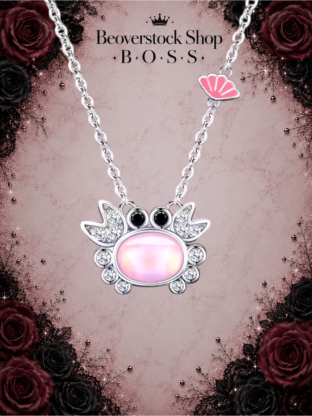 NEW Exclusively Fancy .925 Sterling Silver Pink Crab Charm Necklace